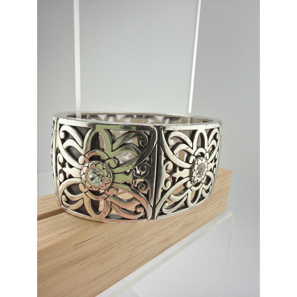 Vintage Brighton Silver-Plated Filigree Openwork Crystal Hinged Cuff Bracelet - Picture 2 of 4
